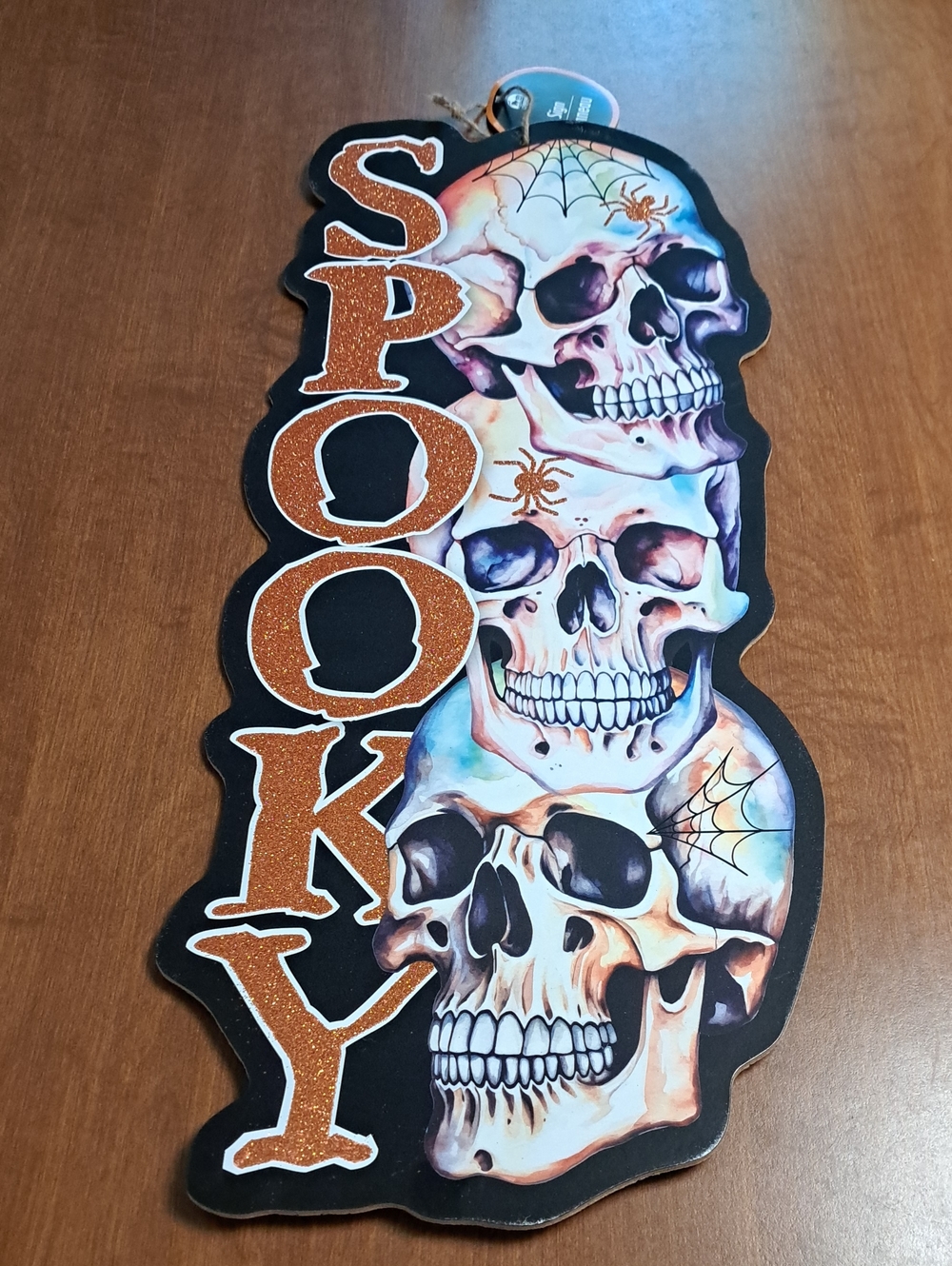 Halloween Sign Spooky Skull Wall Decor - Orange Glitter Accents